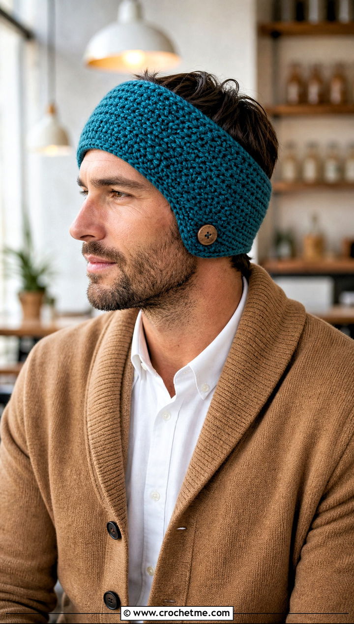 Buttoned Crochet Ear Warmer With Cardigan And Trousers - 15 mens crochet ear warmer outfit ideas