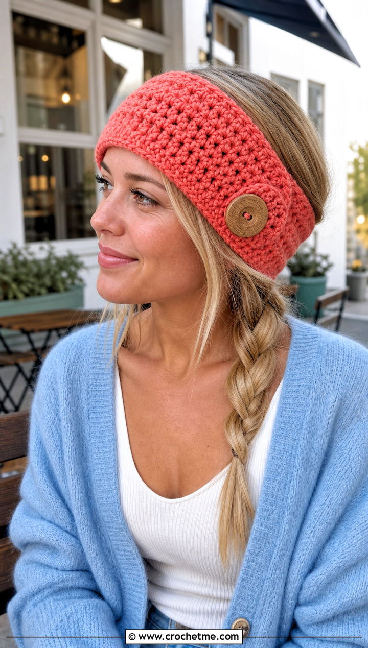 Buttoned Crochet Ear Warmer With Cardigan - 25 Easy Crocheted Headbands Ear Warmers outfit ideas