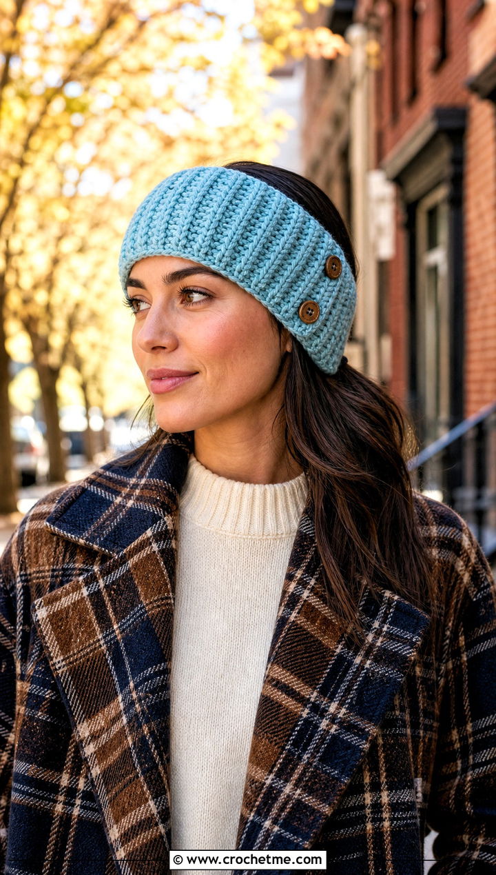 Buttoned Crochet Ear Warmer With Plaid Coat and Straight Jeans - 25 Simple Crochet Ear Warmer outfit ideas