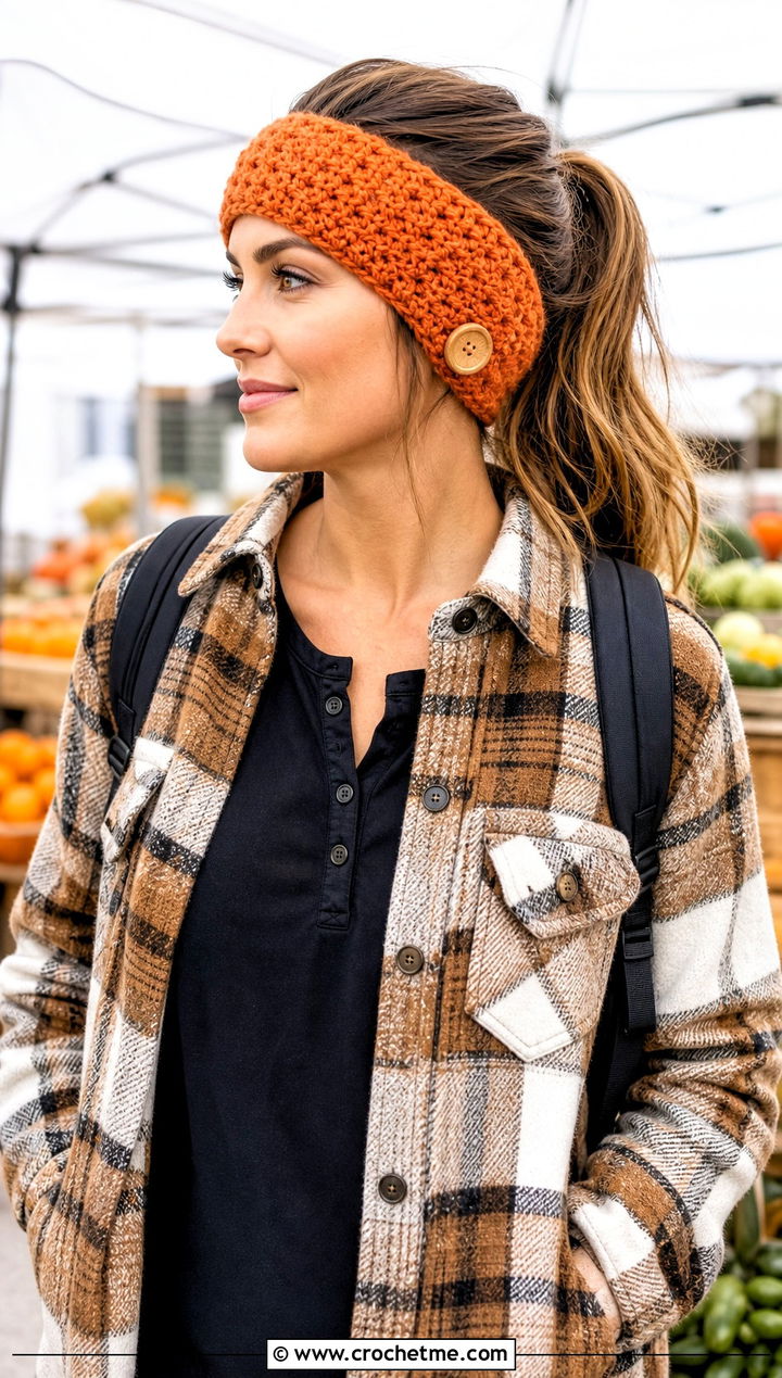 Buttoned Crochet Ear Warmer With Plaid Shacket - 25 Beginner Crochet Ear Warmer outfit ideas