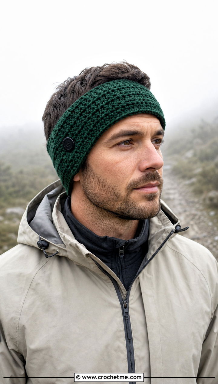 Buttoned Crochet Ear Warmer With Rain Jacket And Hiking Pants - 15 Crochet Headband For Men outfit ideas