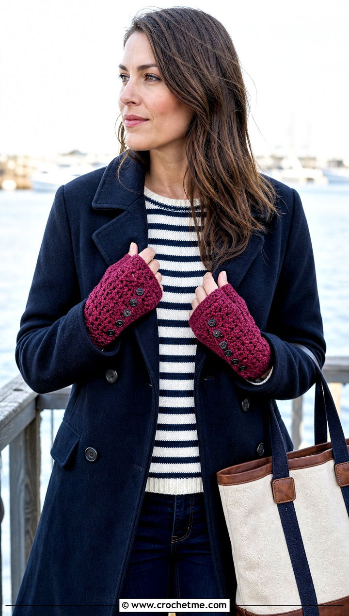 Buttoned Crochet Fingerless Mitts With Peacoat - 25 Crochet Fingerless Mitts outfit ideas