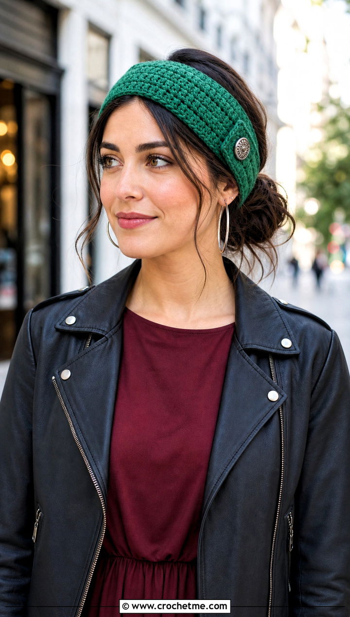 Buttoned Crochet Hair Headband With Moto Jacket And Midi Dress - 30 crochet hair headband outfit ideas