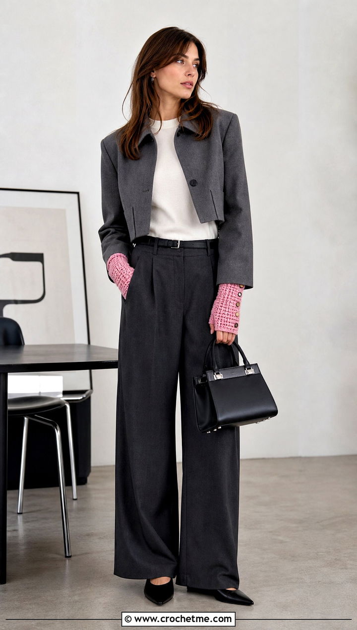 Buttoned Crochet Handwarmers With Wide Leg Trousers - 35 crochet handwarmers outfit ideas