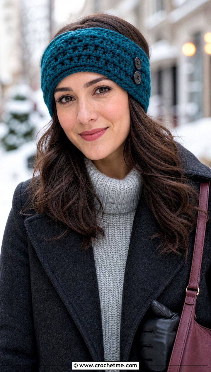 Buttoned Crochet Headband Hair Wrap With Winter Coat - 30 crochet hair wraps outfit ideas