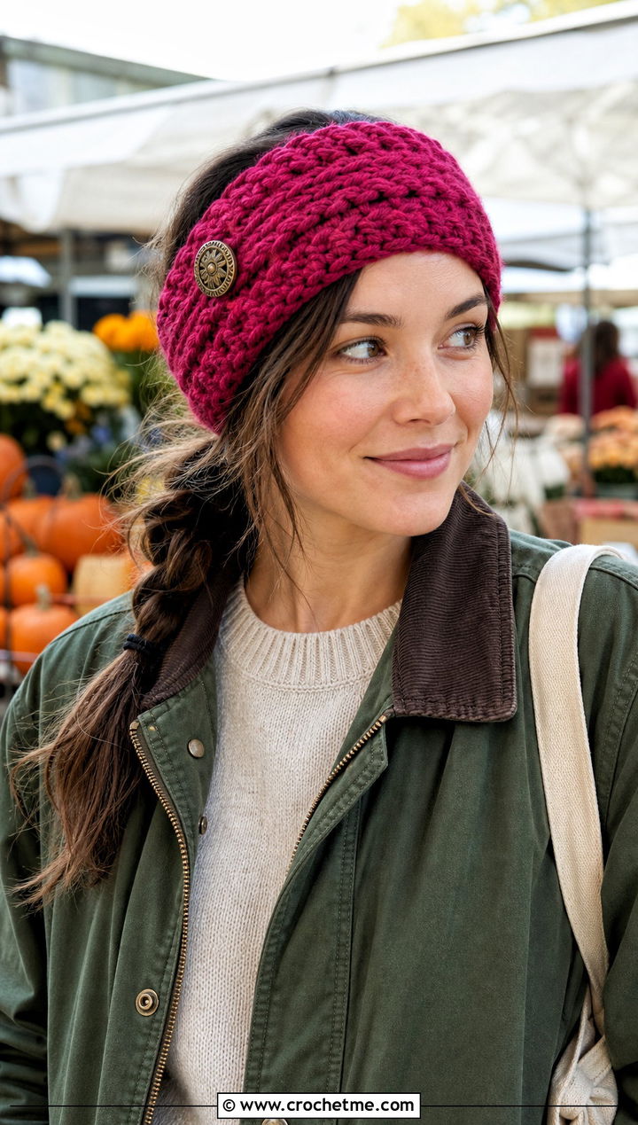 Buttoned Crochet Headband With Barn Jacket - 30 crochet headband for women outfit ideas