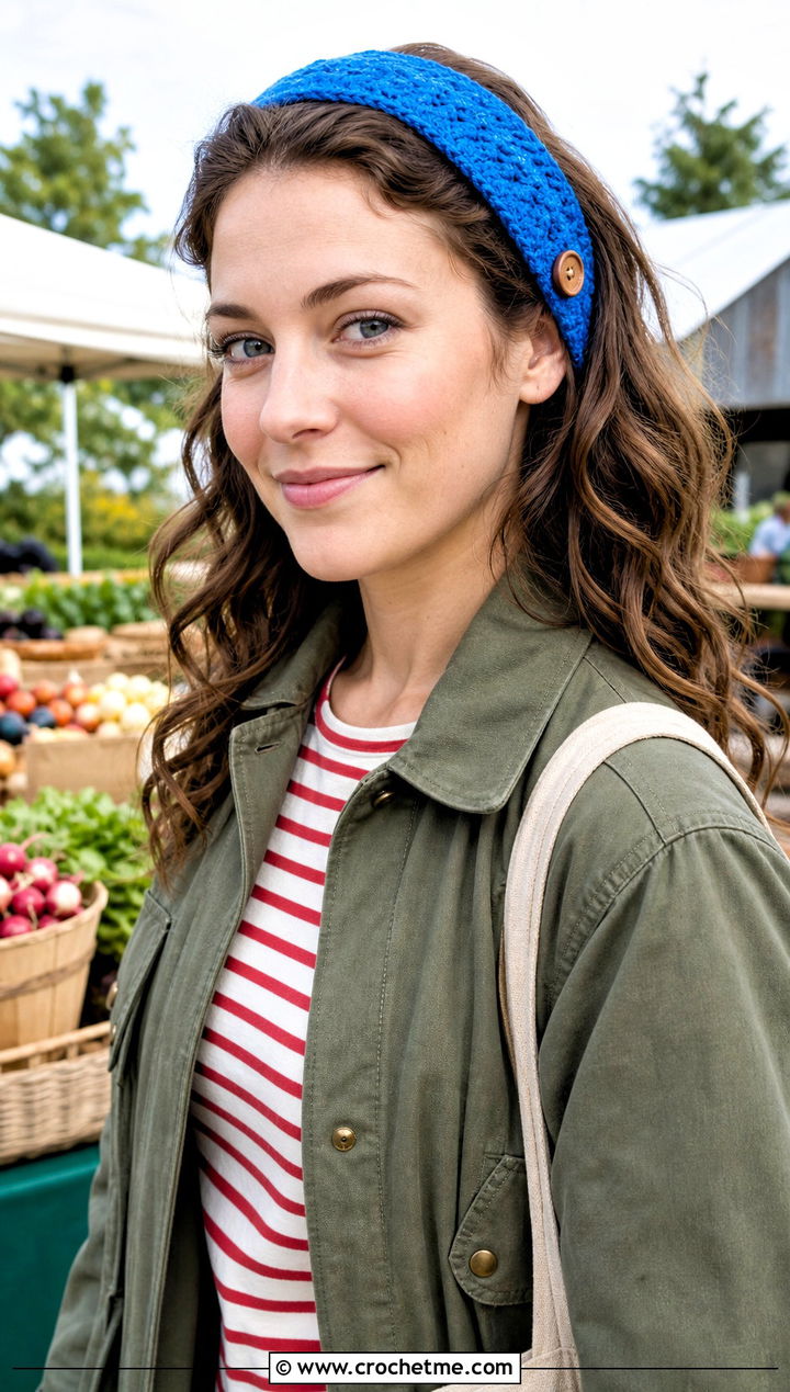 Buttoned Crochet Headband With Barn Jacket - 30 crochet headband curly hair outfit ideas