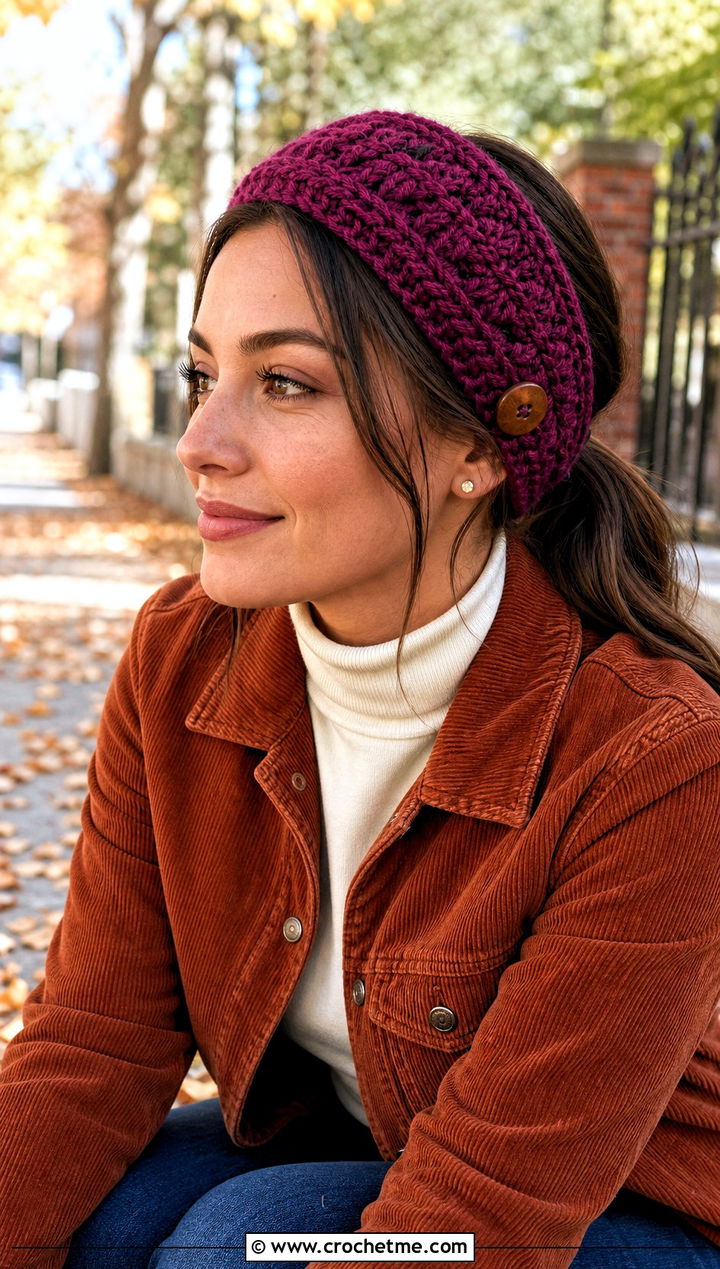 Buttoned Crochet Headband With Corduroy Jacket - 30 chunky crochet headband outfit ideas