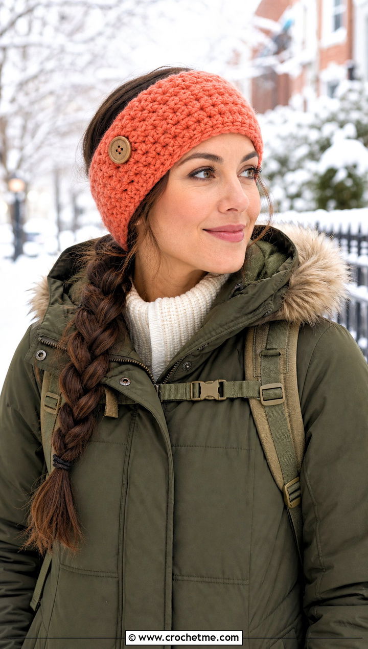 Buttoned Crochet Headband With Parka - 15 wool ease thick and quick crochet headband outfit ideas