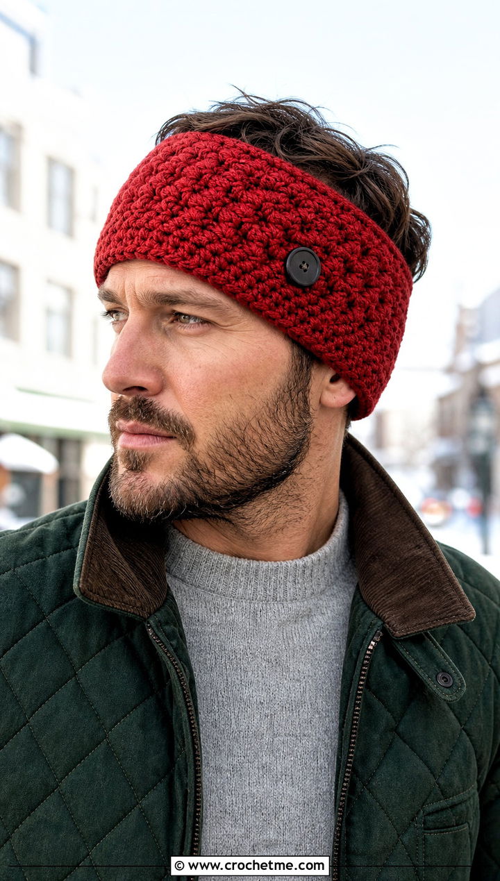 Buttoned Crochet Headband With Quilted Jacket - 25 men's crochet headband outfit ideas