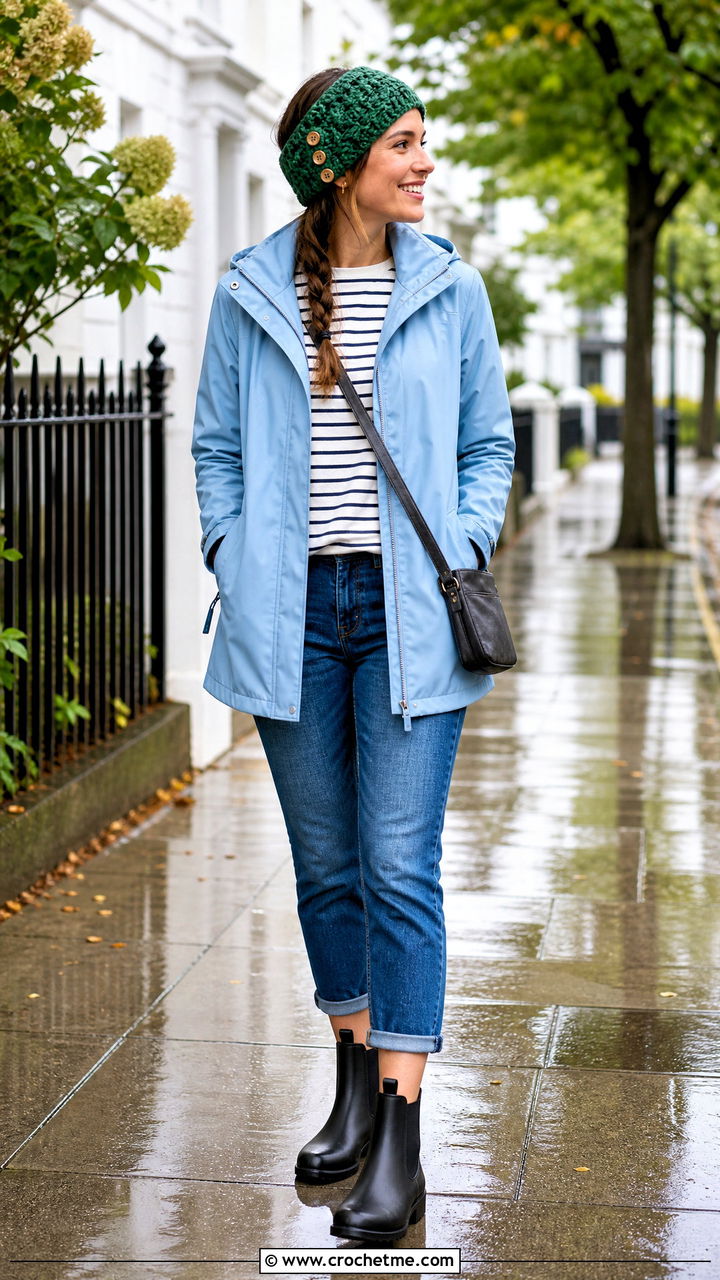 Buttoned Crochet Headband With Rain Jacket - 35 crochet headbands outfit ideas