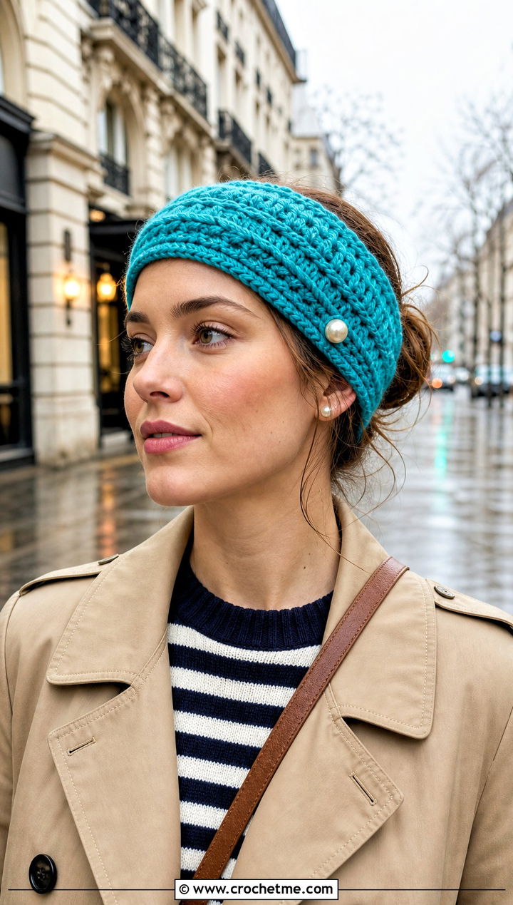 Buttoned Crochet Headband With Trench Coat - 30 quick crochet headband outfit ideas