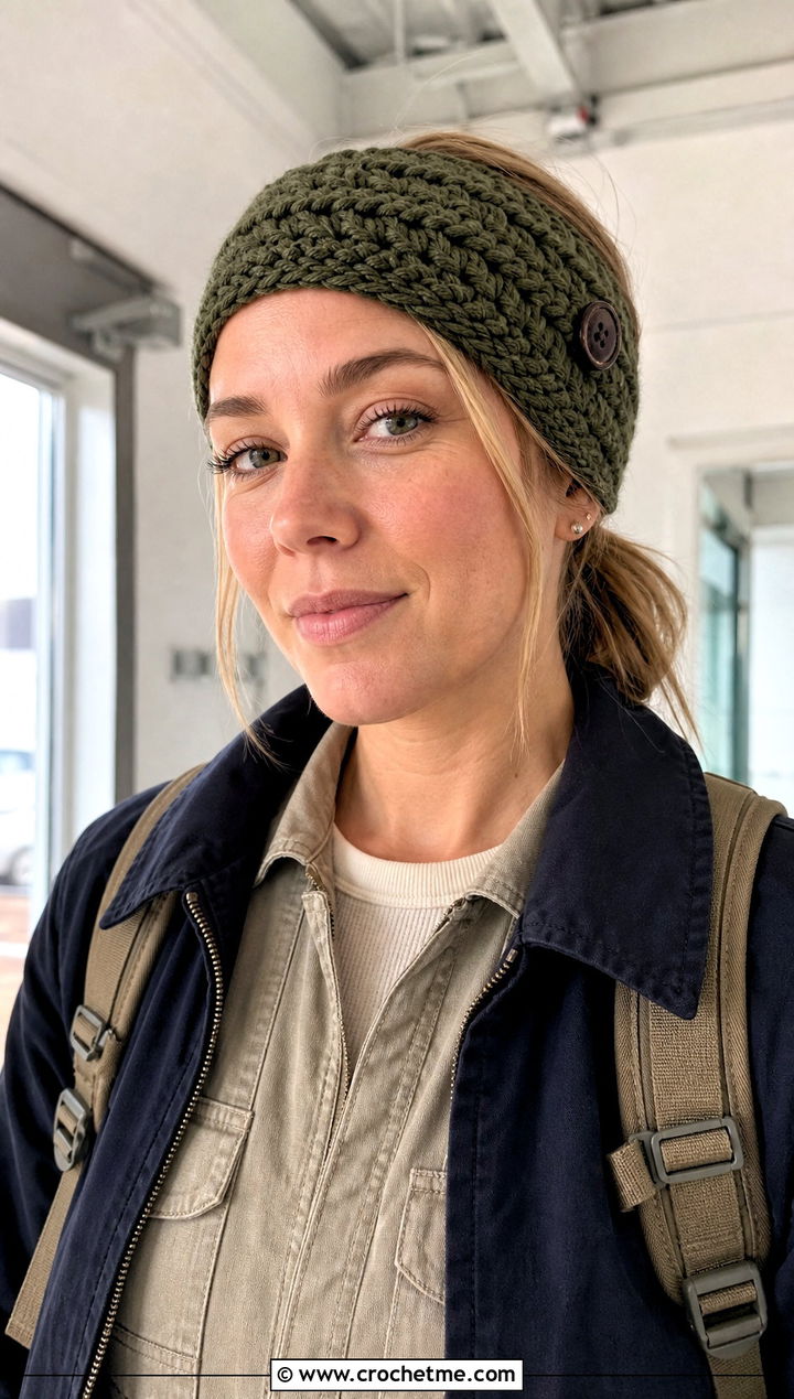 Buttoned Crochet Headband With Utility Jumpsuit - 25 Easy Crochet Winter Headband outfit ideas