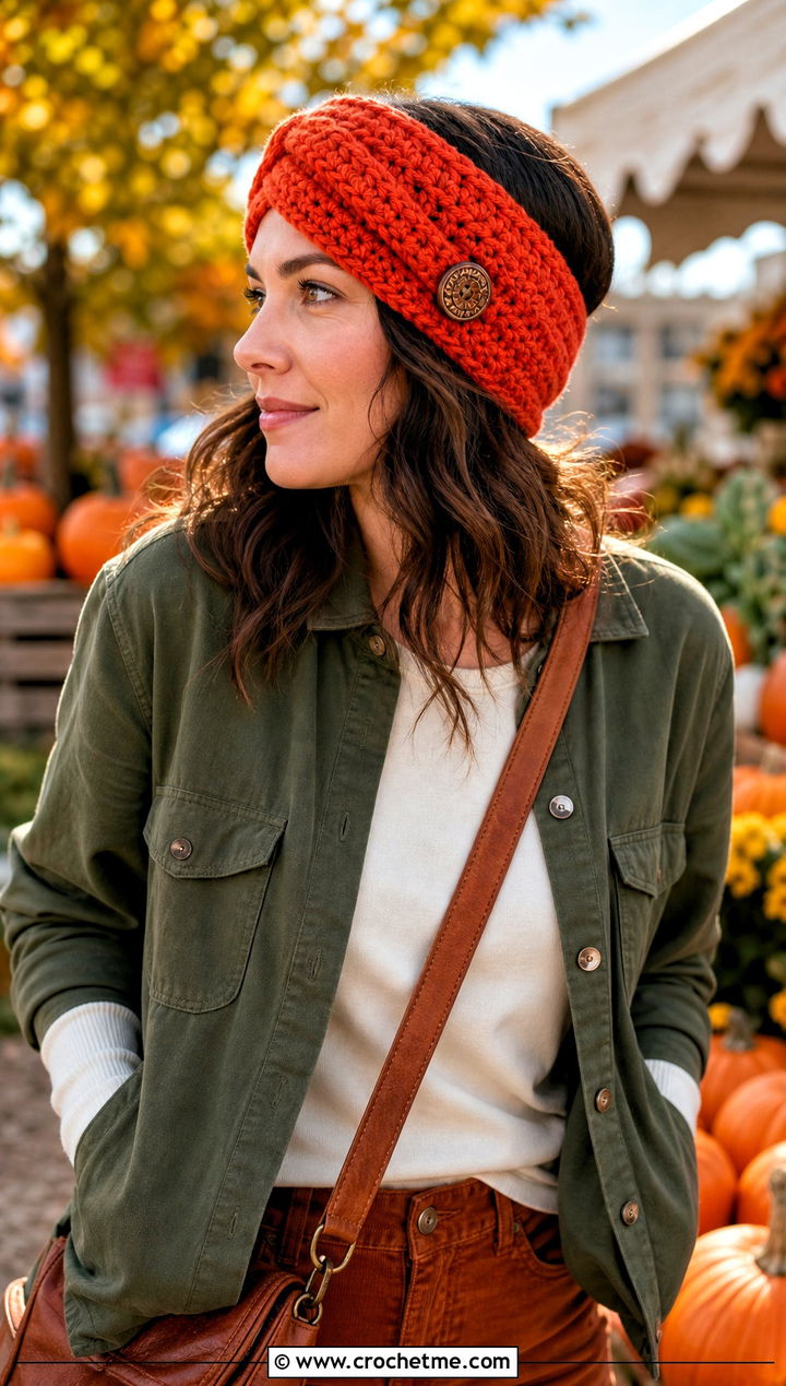 Buttoned Crochet Headwrap With Shacket And Corduroy Pants - 35 crochet headwrap outfit ideas