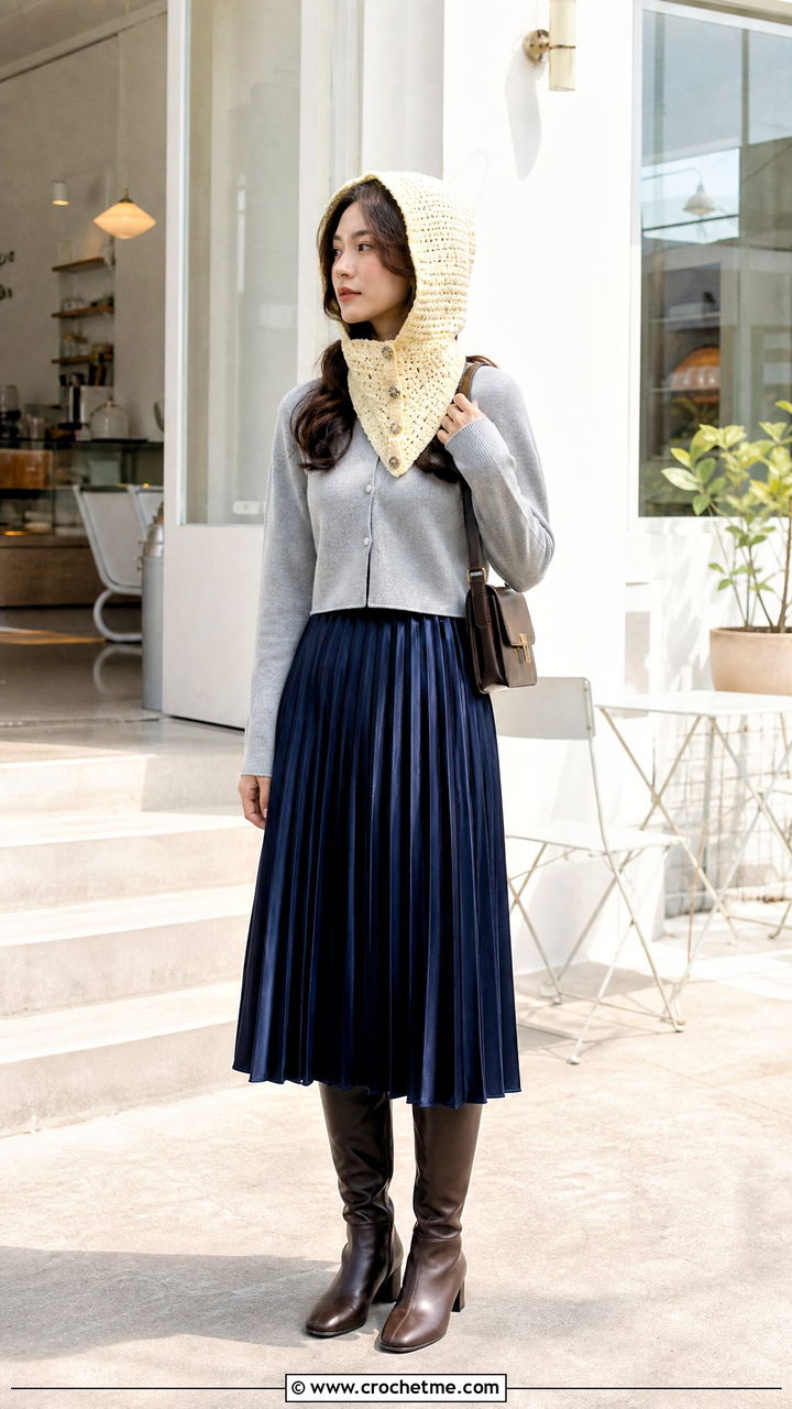 Buttoned Crochet Hood Scarf With Cardigan And Midi Skirt - 35 crochet hood scarf outfit ideas