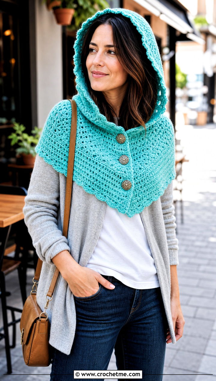 Buttoned Crochet Hooded Cowl With Cardigan And Jeans - 30 easy crochet hooded cowl outfit ideas