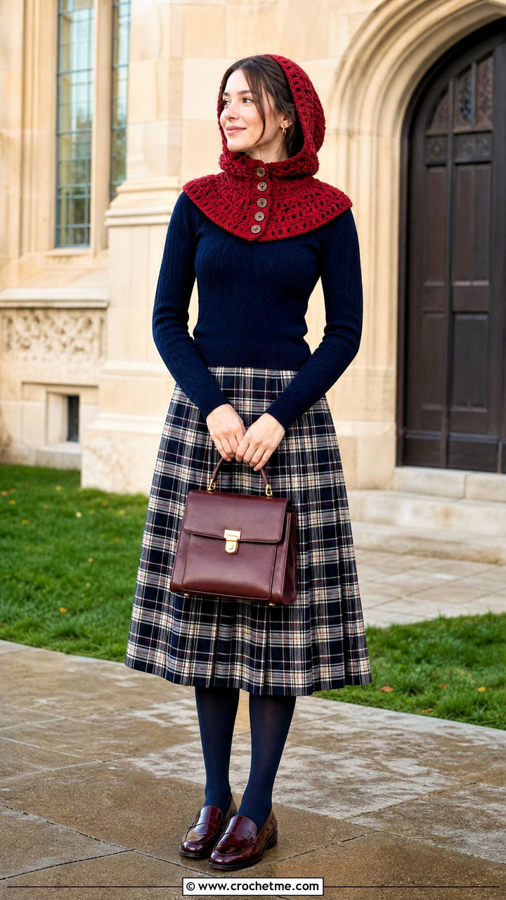 Buttoned Crochet Hooded Cowl With Plaid Skirt - 35 crochet hooded cowl outfit ideas
