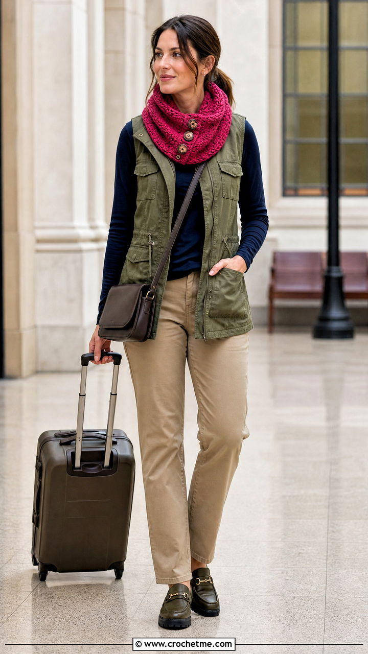 Buttoned Crochet Infinity Scarf With Utility Vest - 35 crochet infinity scarf outfit ideas