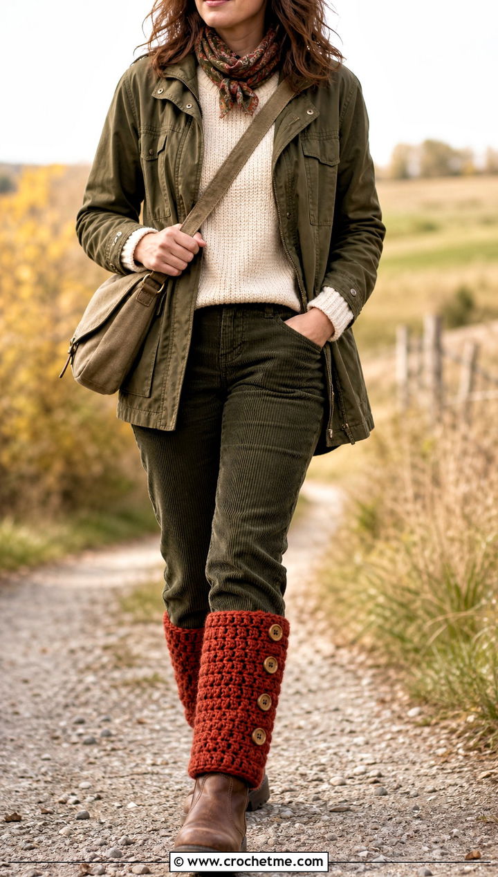 Buttoned Crochet Leg Warmers With Corduroy Pants - 20 Chunky Yarn Crochet Leg Warmers outfit ideas