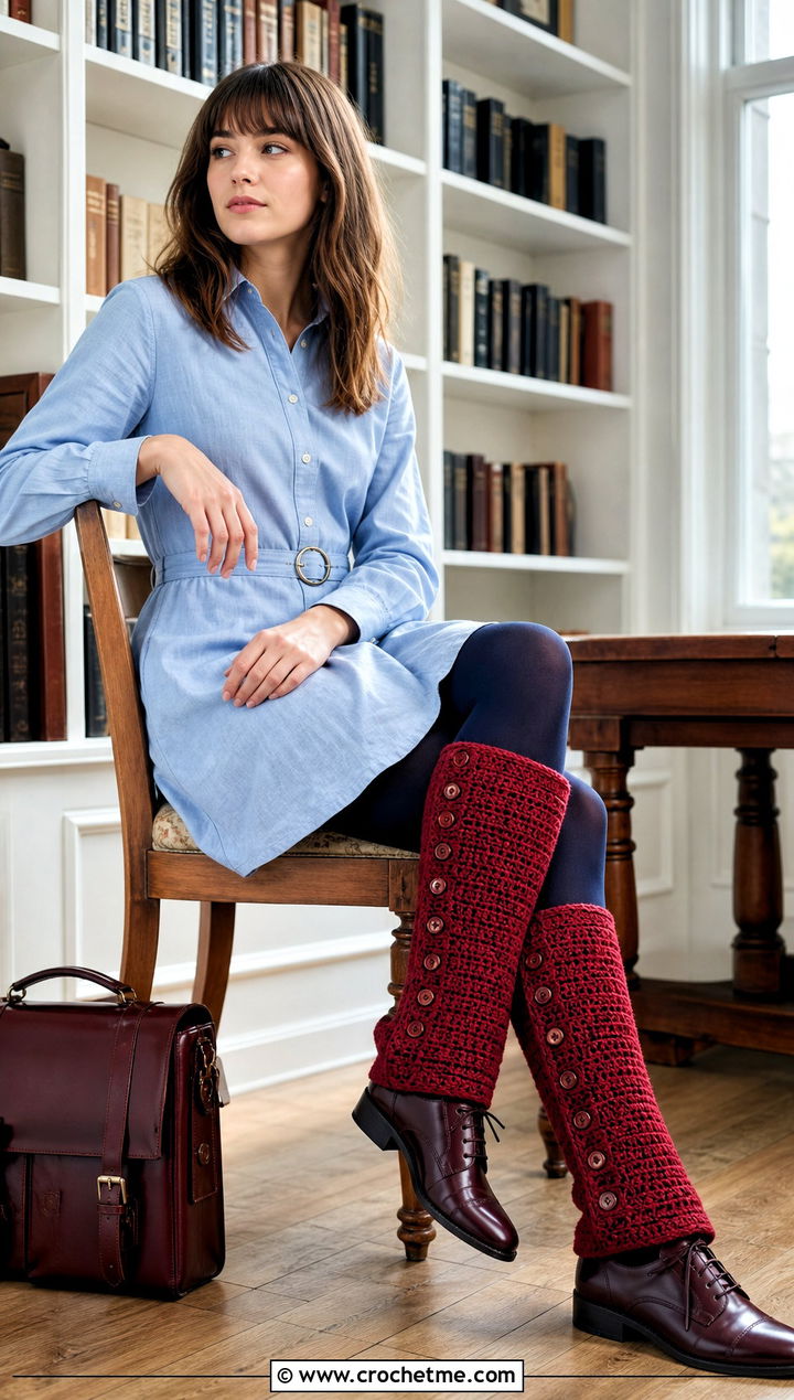 Buttoned Crochet Leg Warmers With Shirt Dress And Oxford Shoes - 25 Crochet Legwarmer outfit ideas