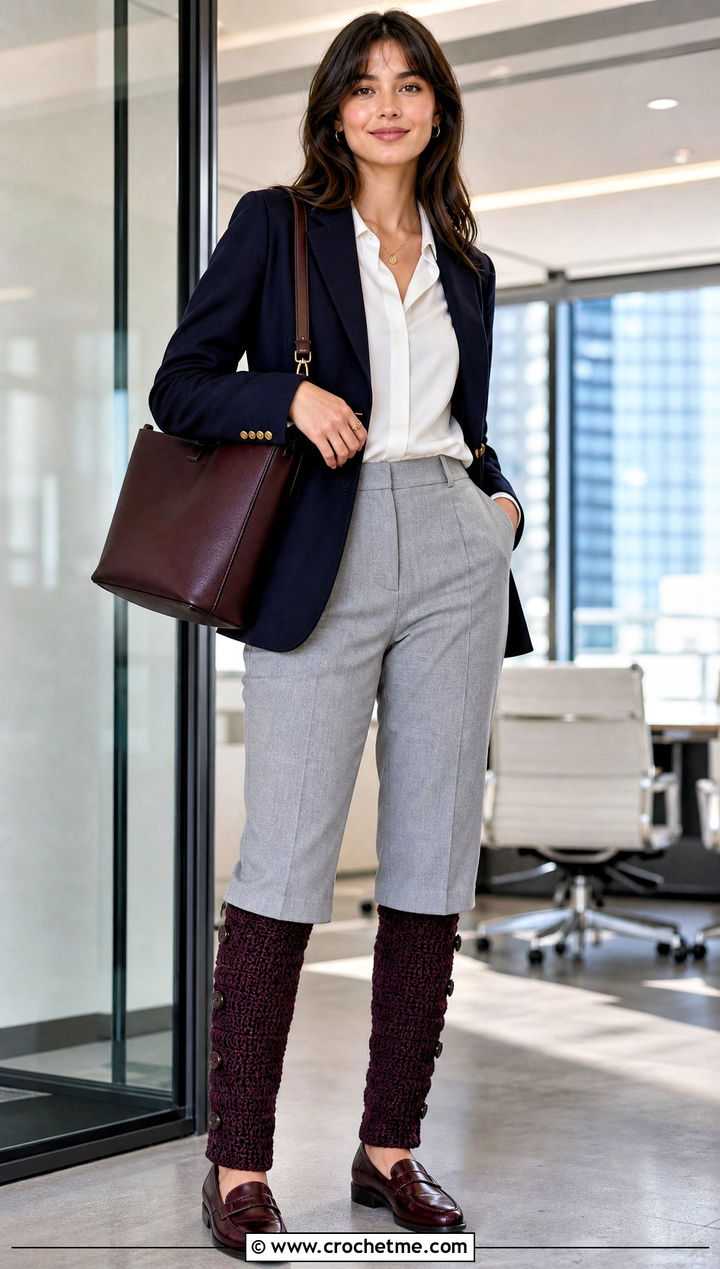 Buttoned Crochet Leg Warmers With Tailored Trousers - 35 Easy Crochet Leg Warmers outfit ideas