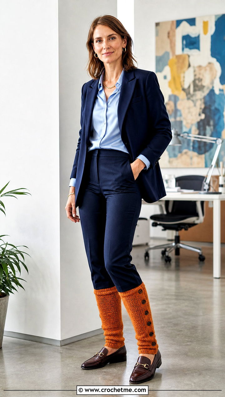 Buttoned Crochet Leg Warmers With Tailored Trousers - 30 aesthetic crochet leg warmers outfit ideas
