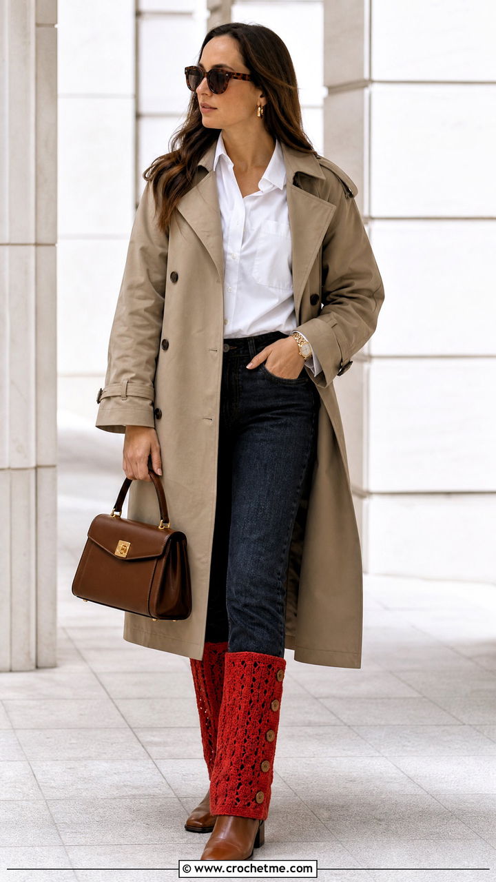 Buttoned Crochet Leg Warmers With Trench Coat And Ankle Boots - 35 crochet leg warmer outfit ideas