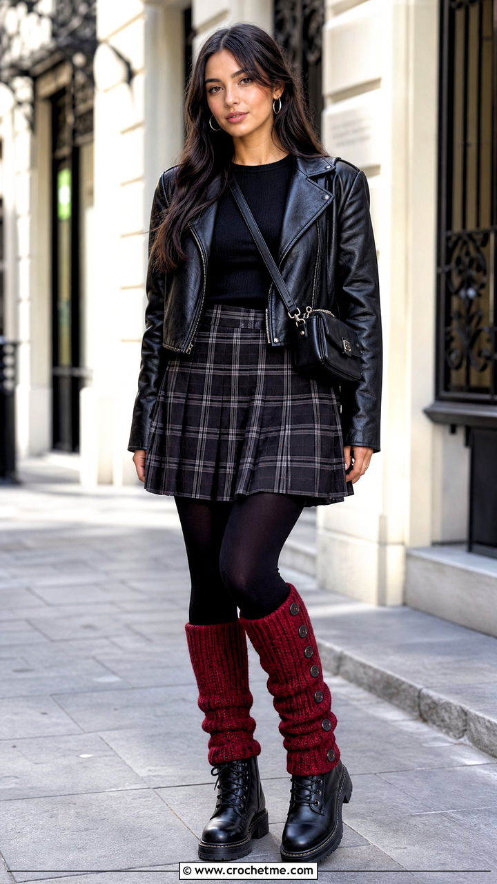 Buttoned Crochet Legwarmers With Plaid Skirt And Combat Boots - 35 crochet legwarmers outfit ideas