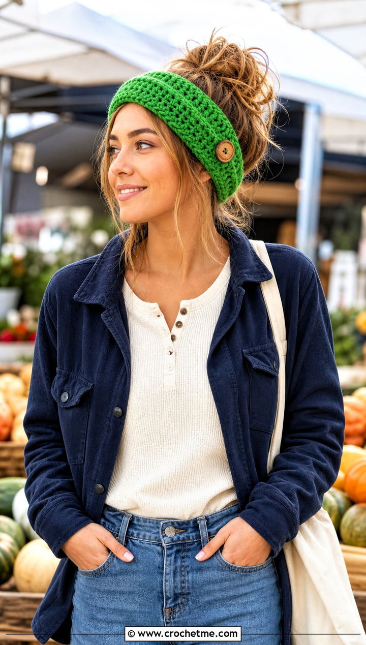 Buttoned Crochet Messy Bun Ear Warmer With Shacket - 20 Crochet Messy Bun Ear Warmer outfit ideas
