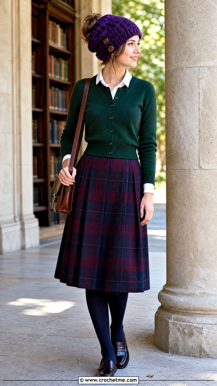 Buttoned Crochet Messy Bun Hat With Plaid Skirt - 35 crochet messy bun hat outfit ideas
