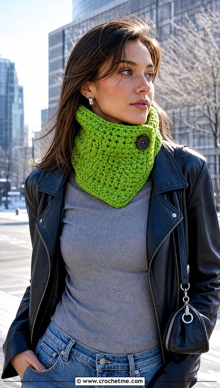 Buttoned Crochet Neck Warmer With Leather Jacket And Jeans - 15 Small Neck Crochet Scarf outfit ideas