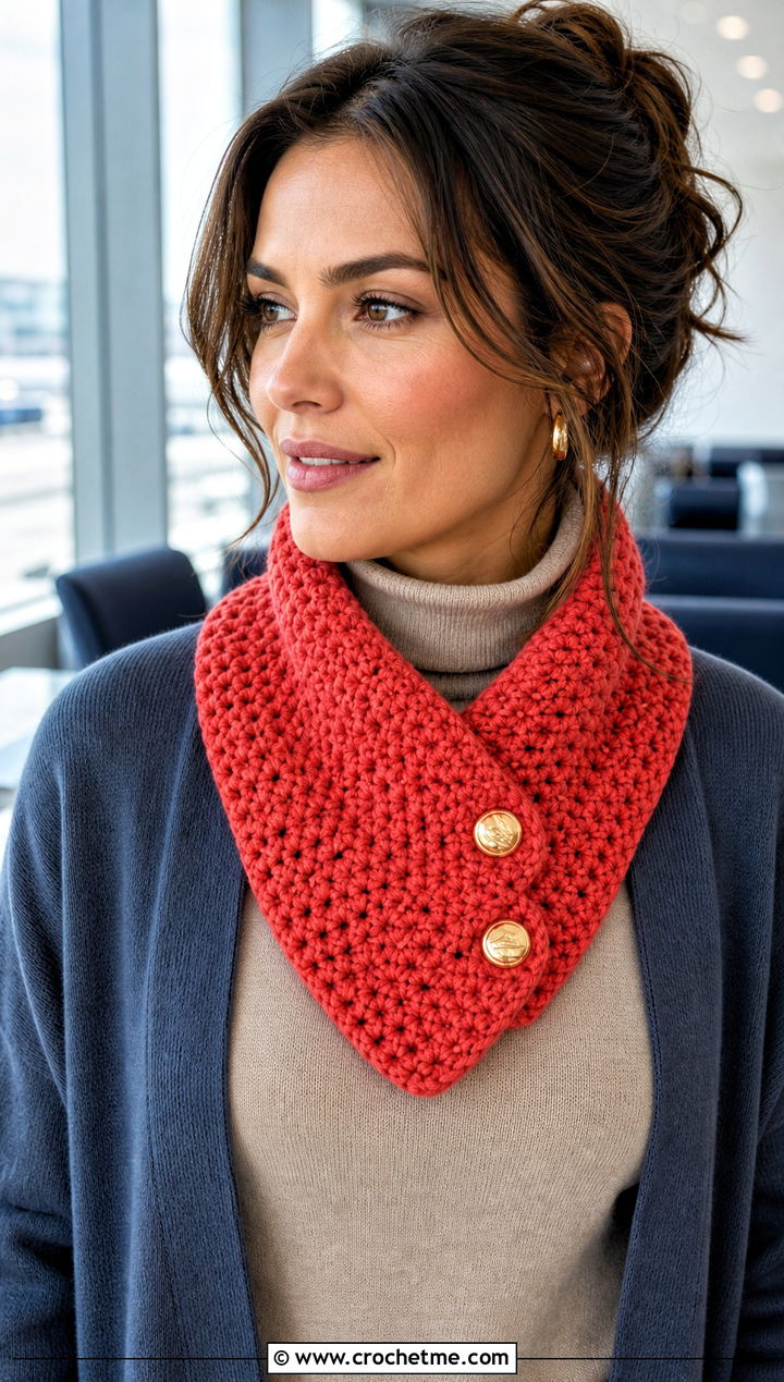 Buttoned Crochet Neckwarmer Scarf With Cardigan - 35 crochet winter scarf outfit ideas