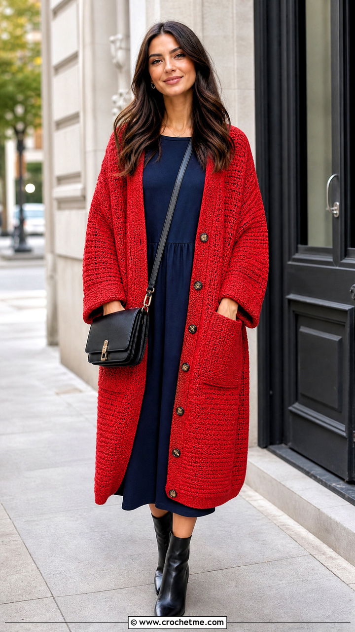 Buttoned Crochet Pocket Shawl With Midi Dress - 35 crochet pocket shawl outfit ideas