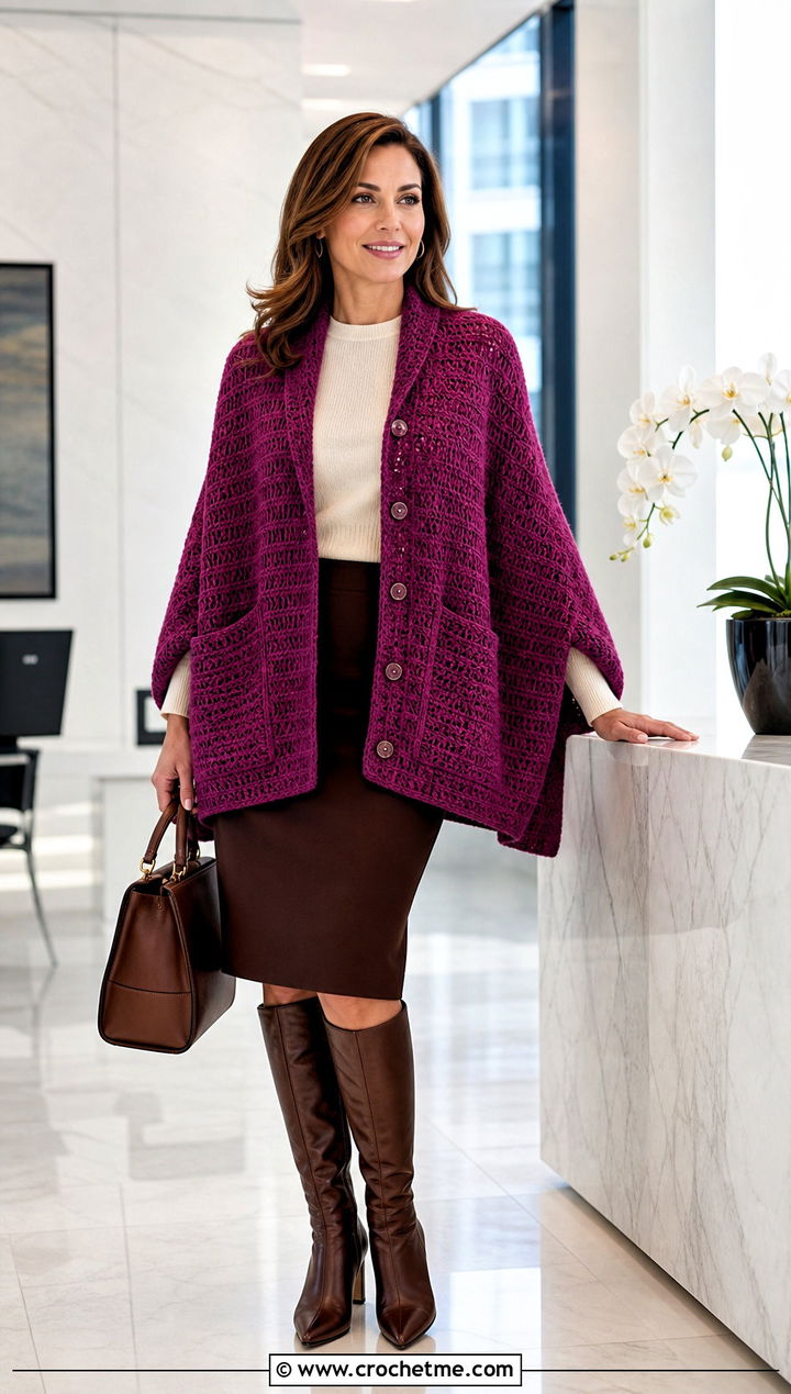 Buttoned Crochet Pocket Shawl With Pencil Skirt - 25 Easy Crochet Shawl With Pockets outfit ideas