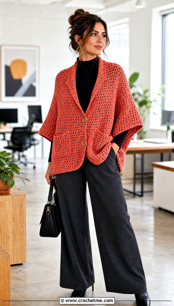 Buttoned Crochet Pocket Shawl With Wide Leg Pants - 25 Crochet Pocket Scarf Shawl outfit ideas