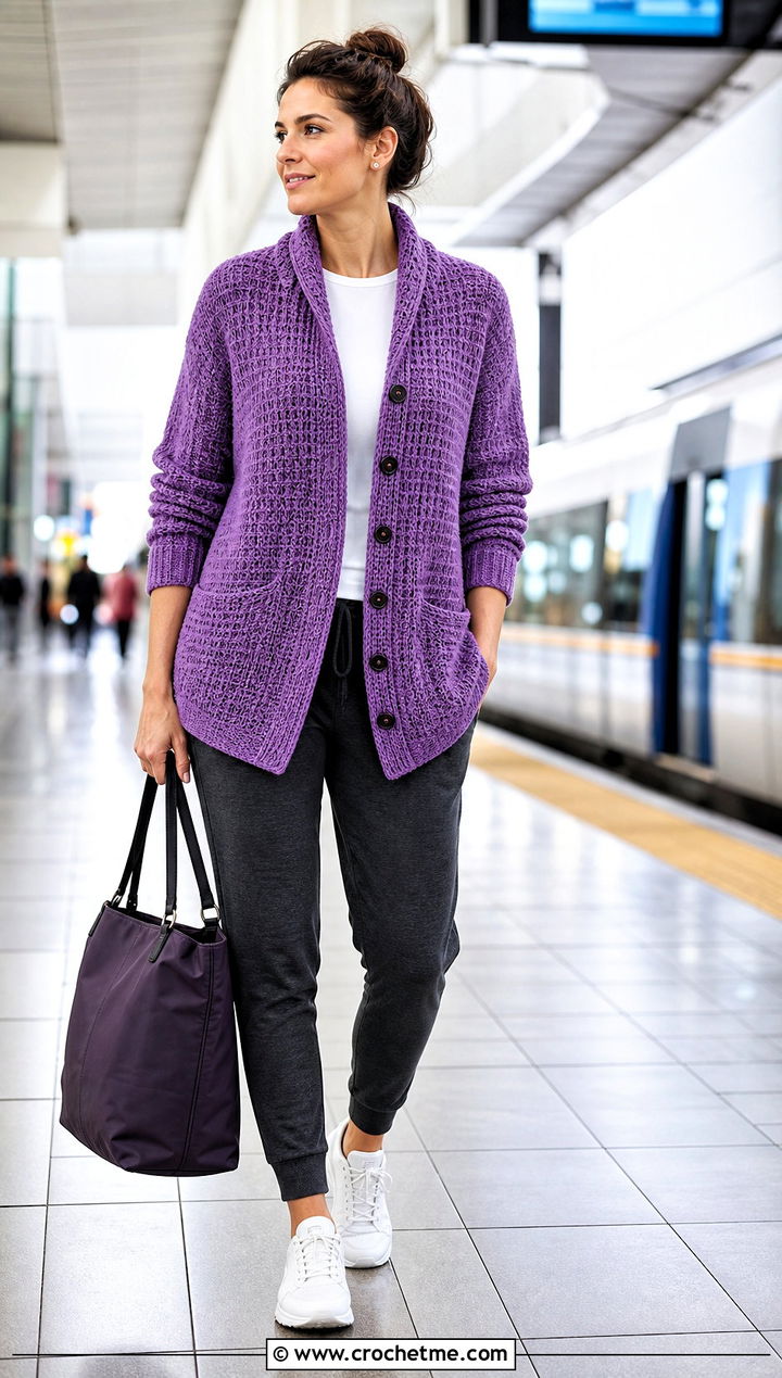 Buttoned Crochet Pocket Wrap With Joggers - 25 Crochet Pocket Wrap outfit ideas