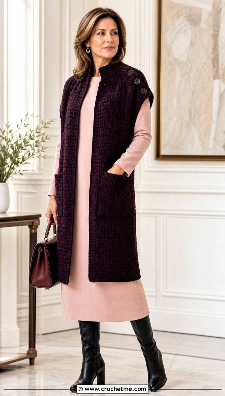 Buttoned Crochet Pocket Wrap With Midi Dress - 15 Crochet Shawls And Wraps With Pockets outfit ideas