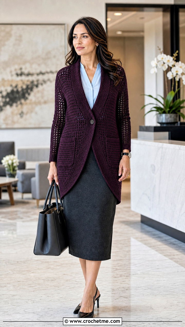 Buttoned Crochet Pocket Wrap With Pencil Skirt - 35 crochet wrap with pockets outfit ideas