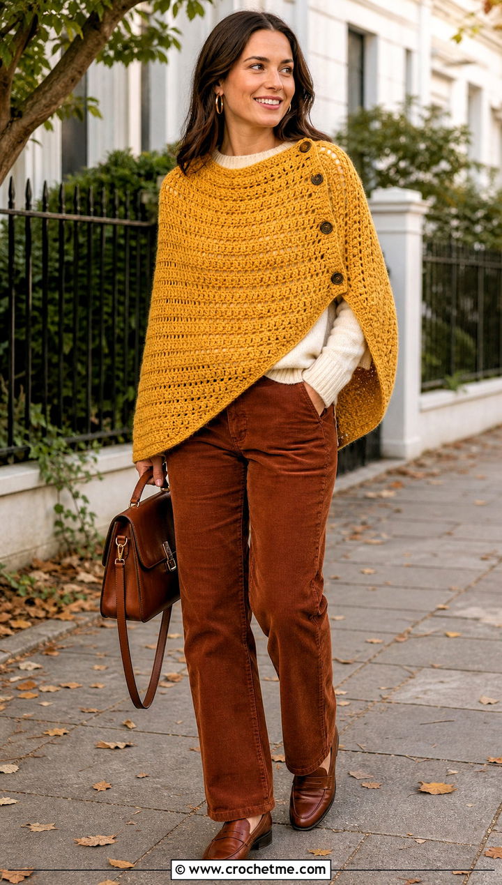 Buttoned Crochet Poncho With Corduroy Pants - 20 Crochet Fall Poncho outfit ideas