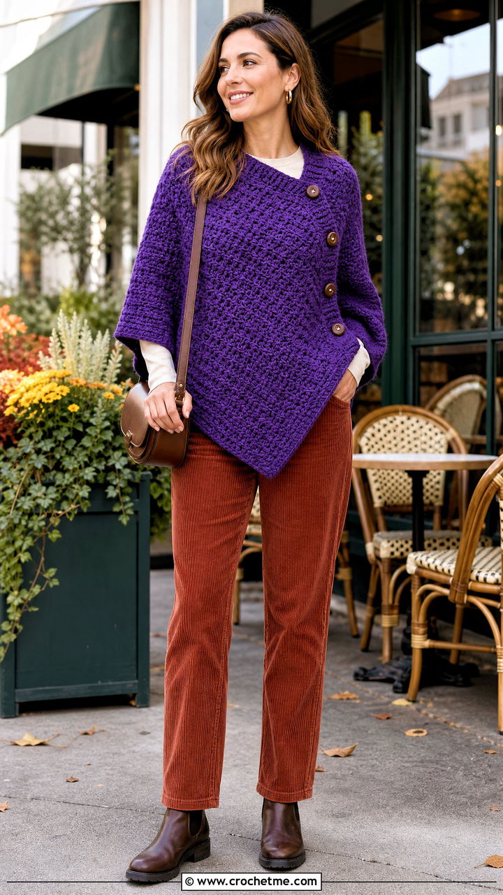 Buttoned Crochet Poncho With Corduroy Pants - 35 crochet poncho woman outfit ideas
