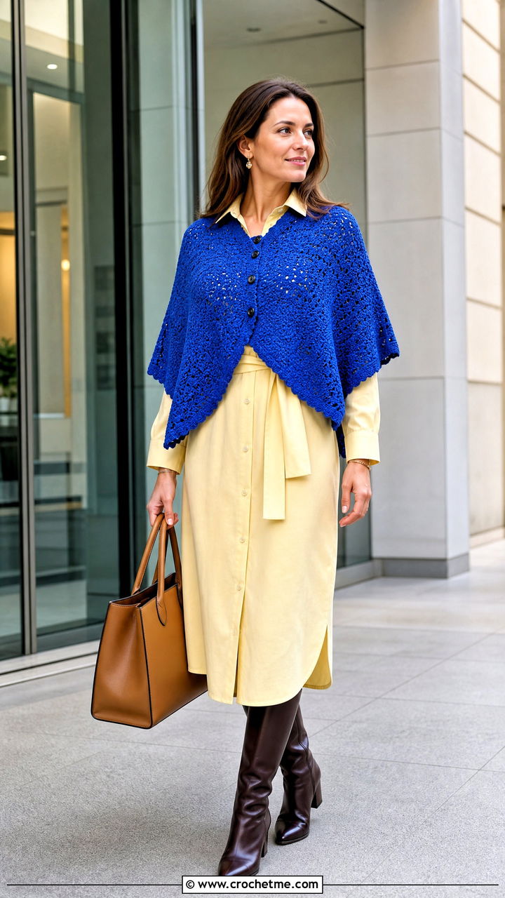 Buttoned Crochet Poncho With Shirt Dress - 35 easy crochet poncho outfit ideas