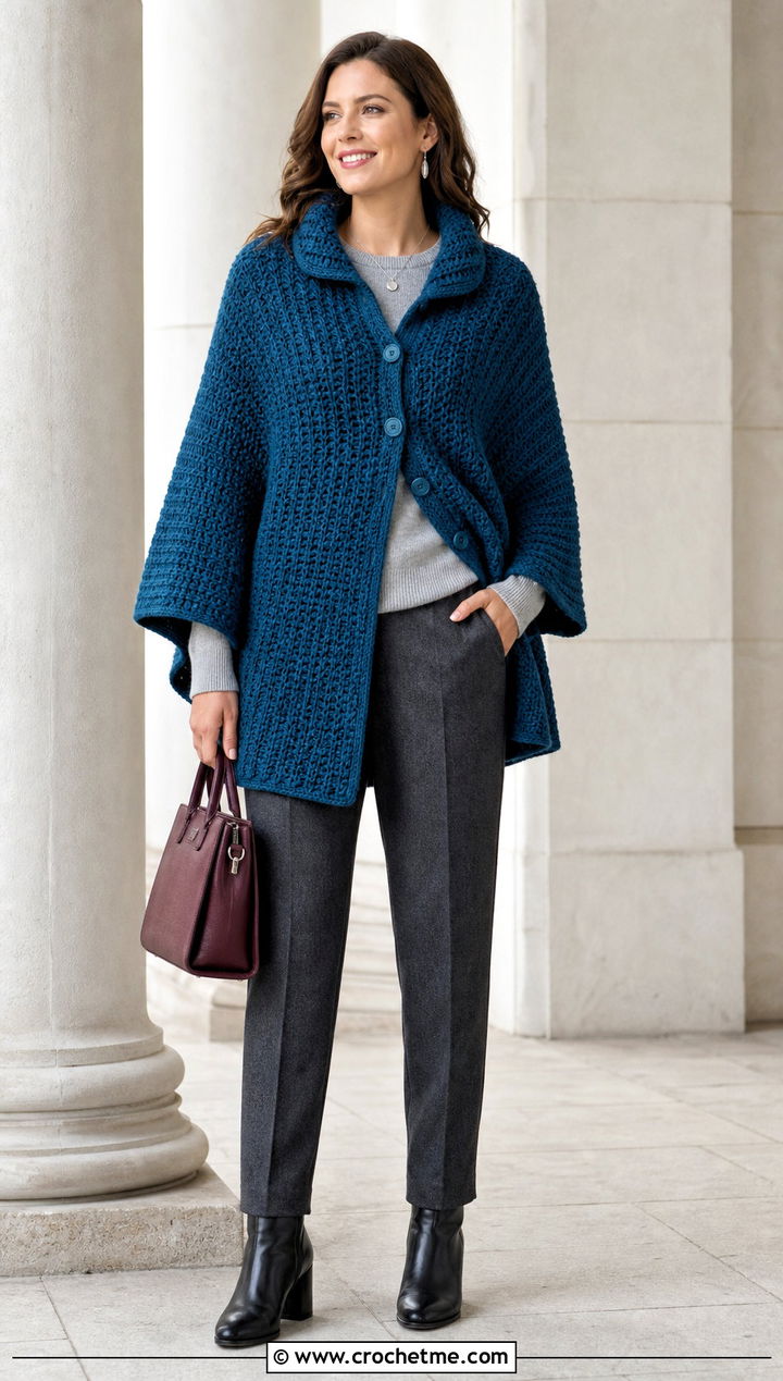 Buttoned Crochet Poncho With Tapered Wool Pants - 30 woman winter crochet poncho outfit ideas