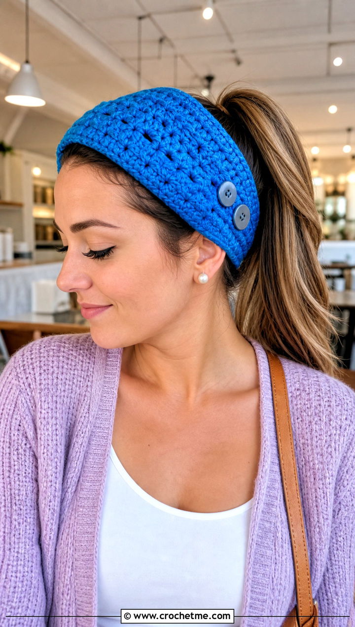 Buttoned Crochet Ponytail Headband With Cardigan - 25 crochet headband with ponytail hole outfit ideas