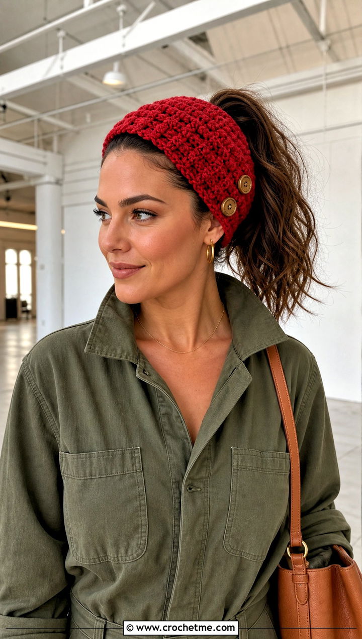 Buttoned Crochet Ponytail Headband With Utility Jumpsuit - 20 Crochet Ponytail Headband outfit ideas