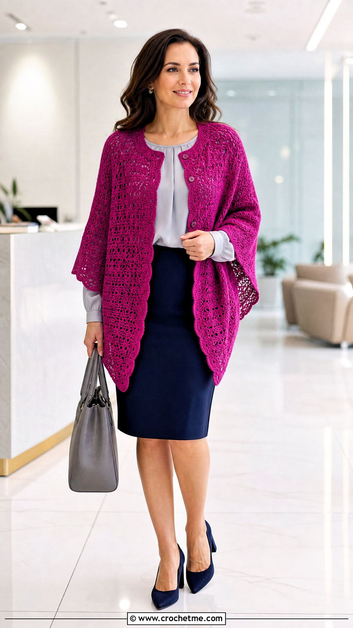 Buttoned Crochet Prayer Shawl With Blouse And Pencil Skirt - 35 easy crochet prayer shawls outfit ideas