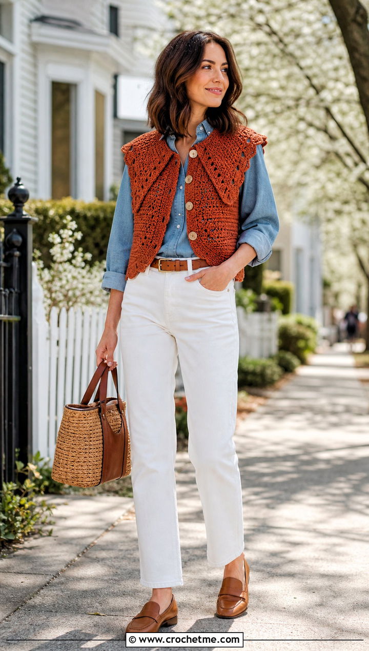 Buttoned Crochet Sailor Collar With Chambray Shirt And White Jeans - 30 crochet sailor collar outfit ideas