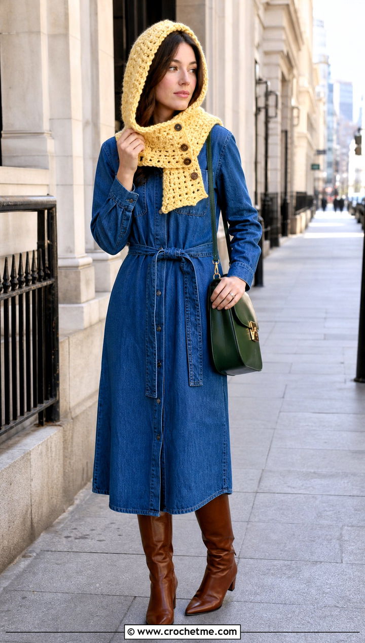 Buttoned Crochet Scarf Hood With Shirt Dress - 30 crochet scarf hood outfit ideas