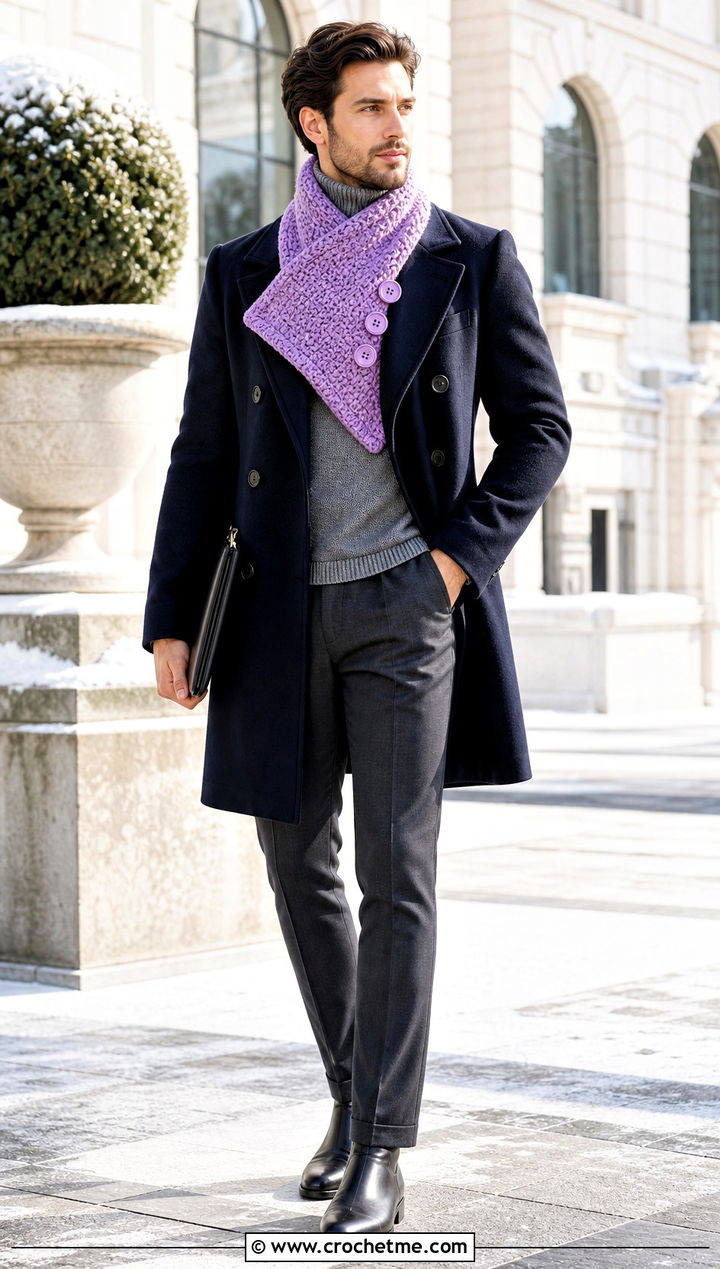 Buttoned Crochet Scarf With Double Breasted Coat - 35 men crochet scarf outfit ideas