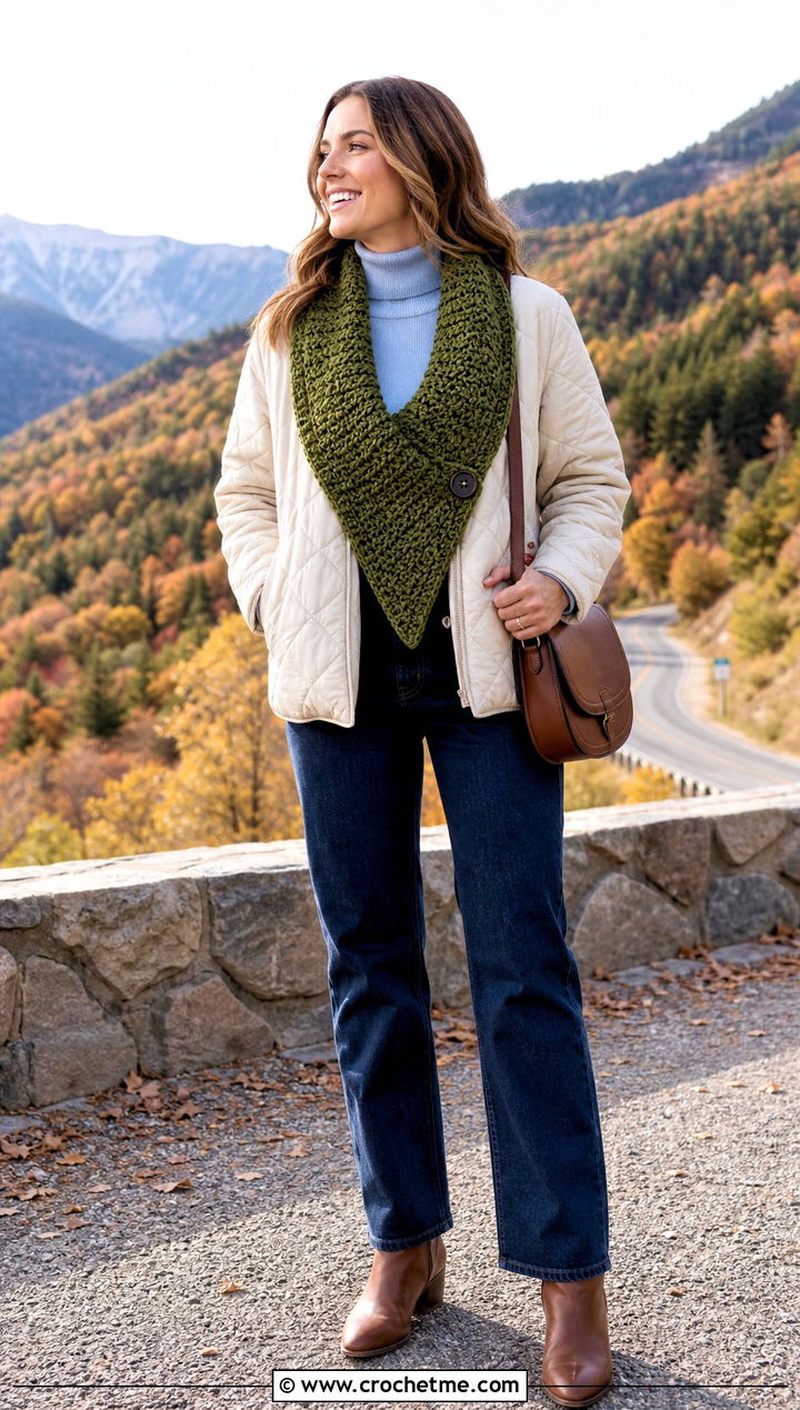Buttoned Crochet Scarf With Quilted Jacket - 35 fall crochet scarf outfit ideas