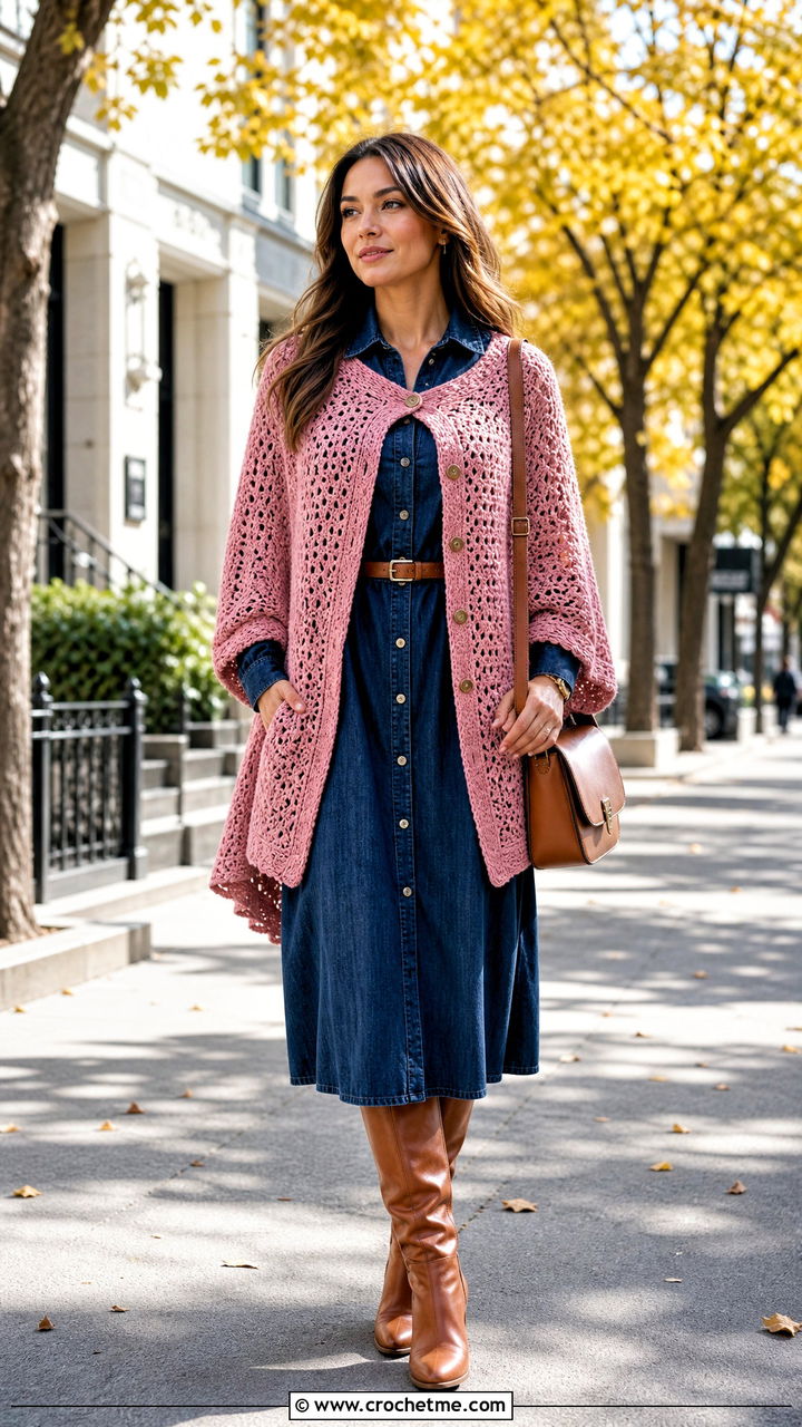 Buttoned Crochet Scarf With Sleeves And Shirt Dress - 35 crochet scarf with sleeves outfit ideas